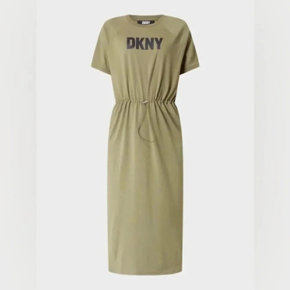 DKNY Logo Drawstring Waist Jewel Neck Short Sleeve Knit Midi Dress NWT - Picture 1 of 4